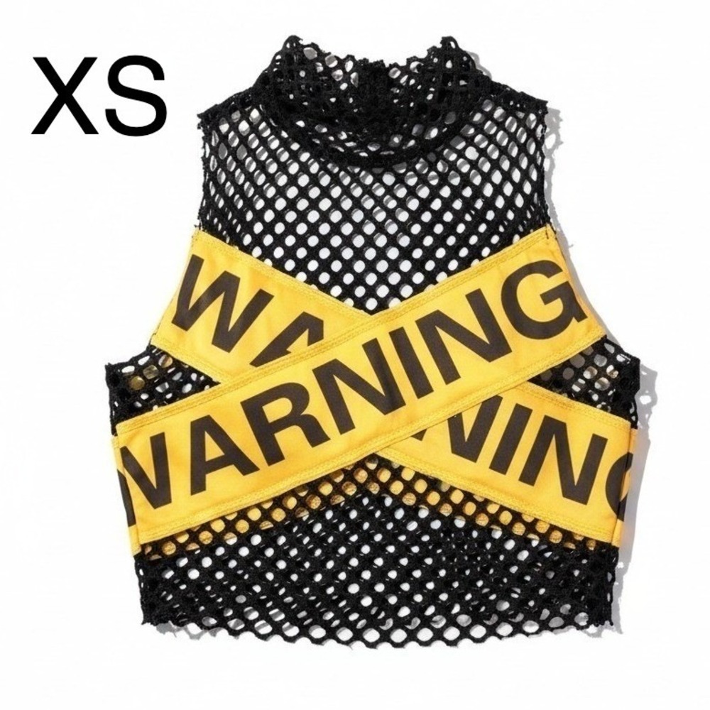 New XS‎ Mesh "Caution" Warning Yellow Tape Crop Top Punk Grunge Retro Neon